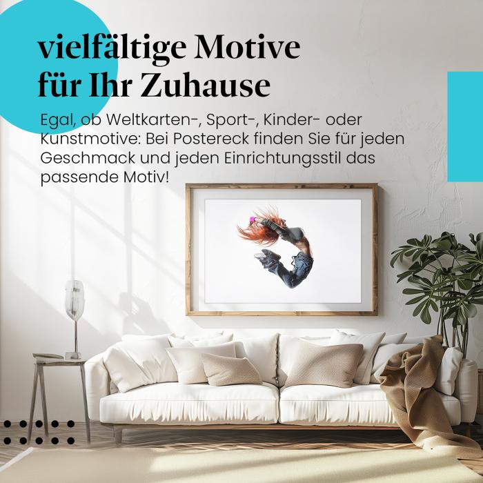 Stylisches Leinwandbild: Dynamischer Sprung - Tänzerin mit roten Haaren in Action.